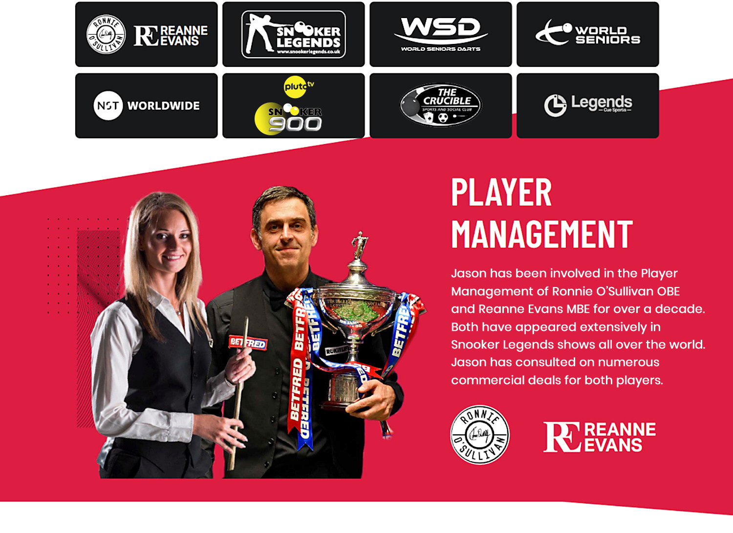 Player Management - Jason has been involved in the Player Managament of Ronnie O'Sullivan OBE and Reanne Evans MBE for over a decade. Both have appeared extensively in Snooker Legends Shows all over the world. He has consulted on numerous commercial deals for both players.